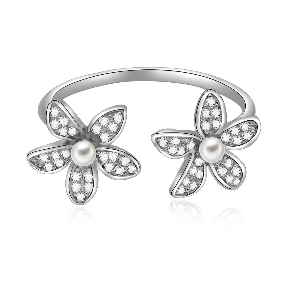 Pretty Double Daisy Flower Ring With Pearl